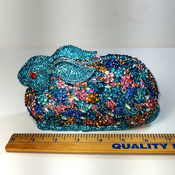 New In Box Blue Colorful Crystals Floral Rabbit Evening Clutch Purse - Picture 10 of 17